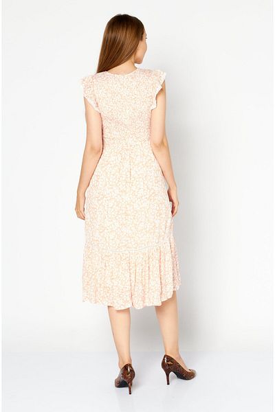 Lost + Wander Women Round Neck Cap Sleeve Allover Printed Midi Dress, Peach