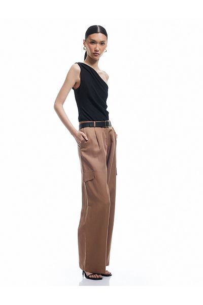 Koton Regular Waist Cargo Pocket Long Straight Loose Wide Leg Satin Trousers