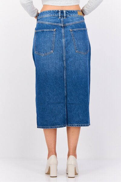Esprit Women Washed Denim Skirt Midi Skirt, Navy