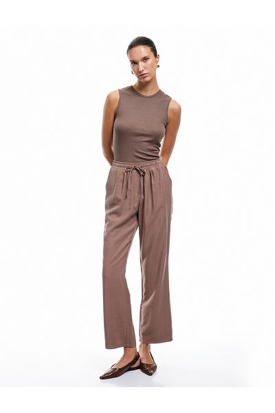 Koton Wide Leg Viscose Trousers with Elastic Waist and Tie Detail