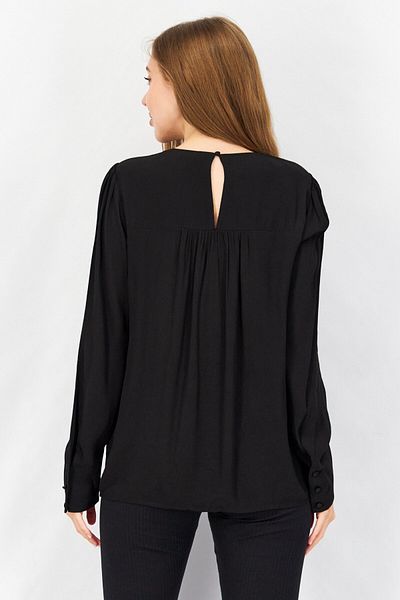 Esprit Women Round Neck Long Sleeve Plain Pleated Top, Black
