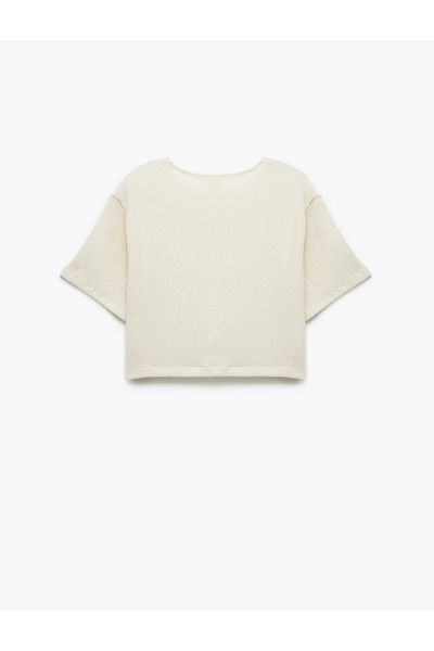 Koton Crew Neck Short Sleeve Crop Blouse with Tie Detail