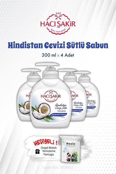 Hacı Şakir Coconut Milk Liquid Hand Soap 300ml X 4 + Rosie