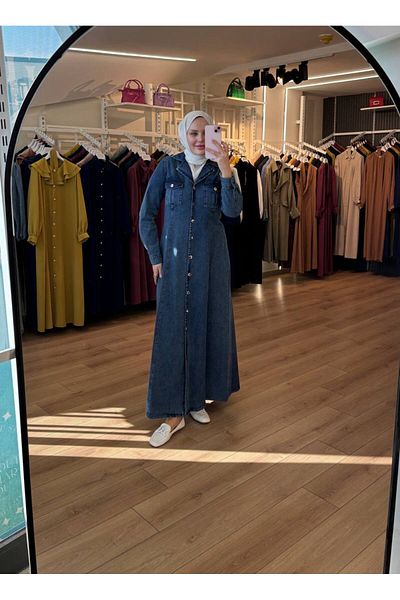 OlaLady Women's Cargo Pocket Front Buttoned Hijab Denim Jeans Dress