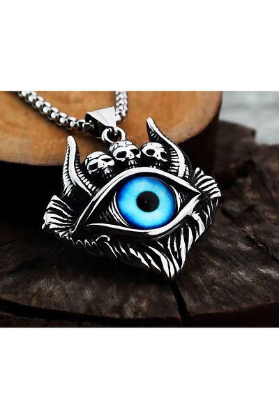 voyageaccessory Stainless Steel Skull Detailed Evil Eye Blue Eye Necklace / with 65 cm Chain