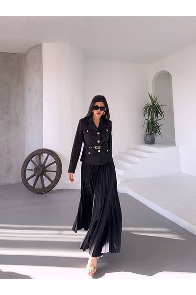 Bella Breeze Women's Belted Gold Button Premium Jacket Pleated Long Skirt Suit