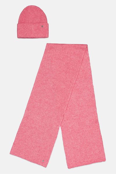 Esprit Women 2 Pcs Rib Knit Beanie And Scarf Set, Pink
