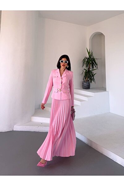 Bella Breeze Kadın Kemerli Gold Düğmeli Premium Ceket Pileli Uzun Etek Takım Elbise