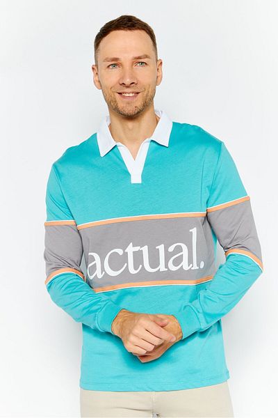 Asos Design Men Regular Fit Graphic Long Sleeves Polo Shirt, Turquoise/Grey