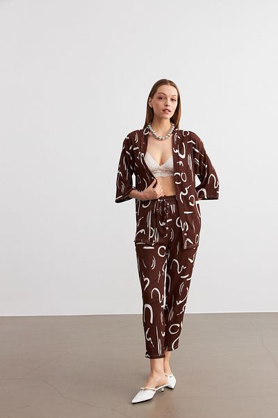 MODAGEN Women's Brown Patterned Kimono Shirt Pants Set