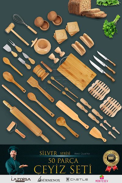 MONTESEV 50 Pieces Wooden Tree Wooden Spoon Rolling Pin Roller Kitchen Knife Silver Series Dowry Set ÇYZST1