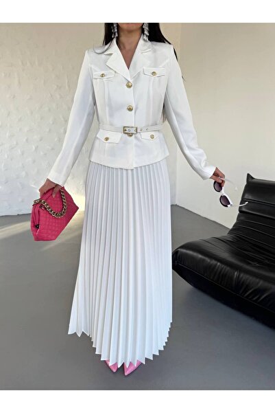 Bella Breeze Kadın Kemerli Gold Düğmeli Premium Ceket Pileli Uzun Etek Takım Elbise