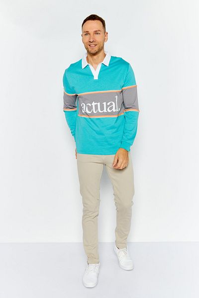 Asos Design Men Regular Fit Graphic Long Sleeves Polo Shirt, Turquoise/Grey