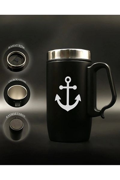 Nesnel Gift Black Steel Handled Glass Thermos - Sea Anchor Motif