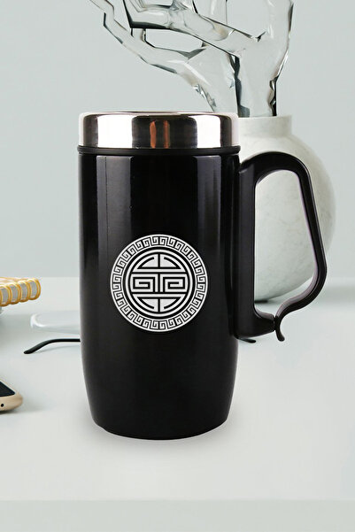 nesnelgift Siyah Çelik Kulplu Bardak Termos - Uğur Motifi