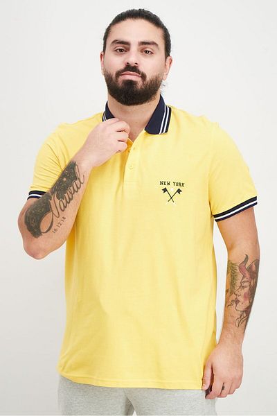 DeFacto Men Regular Fit Embroidered Print Short Sleeve Polo Shirt, Yellow And Navy