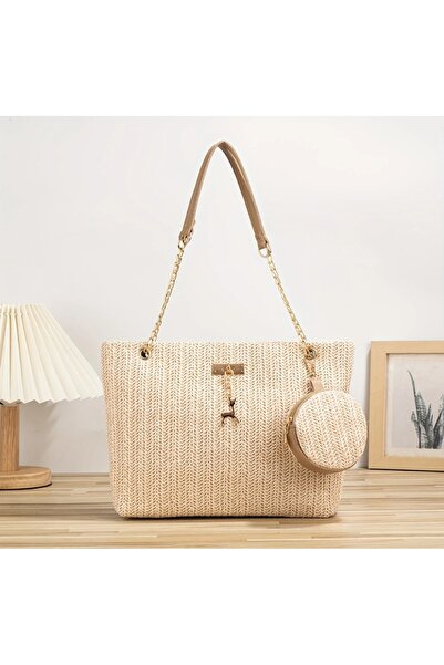 ÇANTA Vip Beige Color Large Size Straw Shoulder Bag Coin Wallet