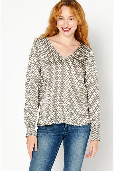 Esprit Women V Neck Long Sleeve Allover Print Top, Beige Combo
