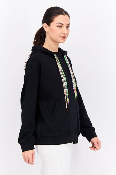 Steve Madden Women Solid Hooded Sweatshirt, Black