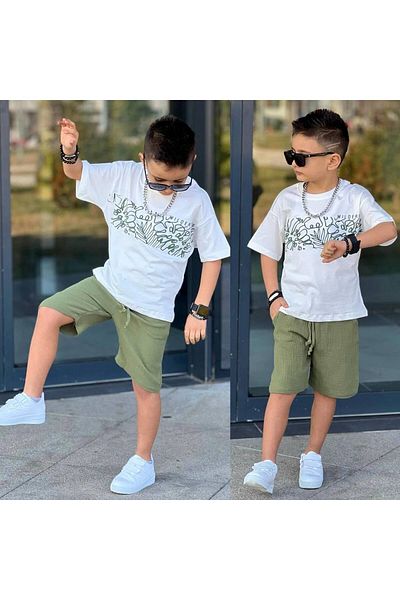 sinmm Boy's Muslin Fabric Bottom Combed Cotton Raised Patterned T-Shirt 2-Piece Top-Bottom Set Khaki Color Snm05