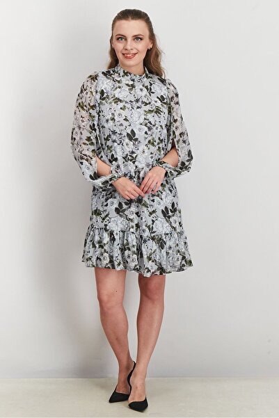 Laundry by Shelli Segal Women Long Sleeve Floral Print Mini Dress, Grey Combo