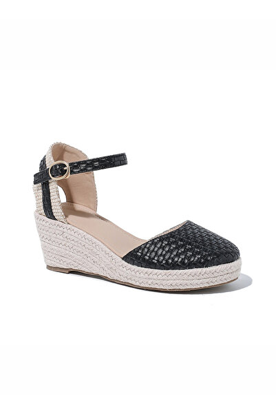 ETG صندل إسبادريل نسائي أنيق بكعب عريض ومغلق من الأمام وحزام كاحل وكعب إسفيني مضفر