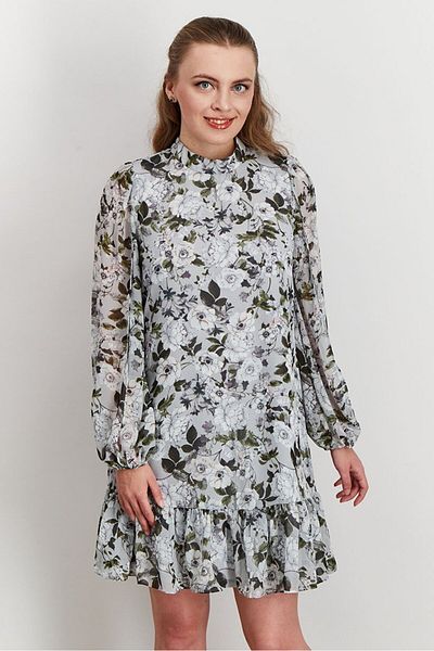 Laundry by Shelli Segal Women Long Sleeve Floral Print Mini Dress, Grey Combo