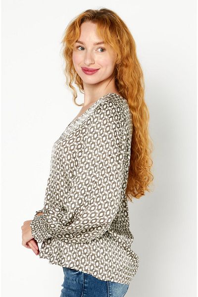 Esprit Women V Neck Long Sleeve Allover Print Top, Beige Combo