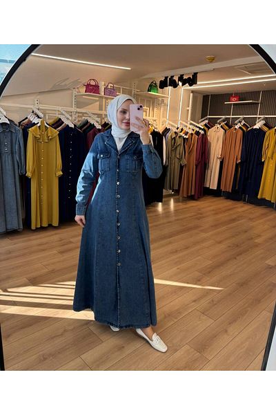 OlaLady Women's Cargo Pocket Front Buttoned Hijab Denim Jeans Dress