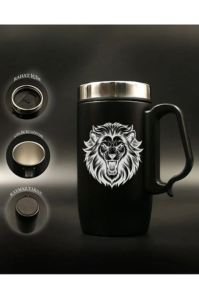 Nesnel Gift Black Steel Handled Glass Thermos - Angry Lion Motif