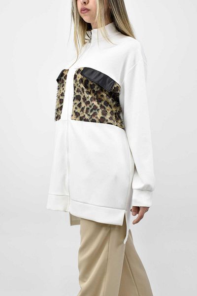 birizmoda Zippered Tunic with Leopard Pocket Detail - Ecru
