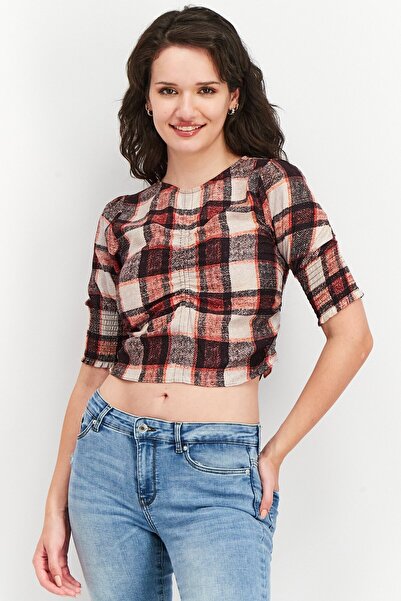 BB Dakota by Steve Madden بلوزة نسائية كاروهات بأكمام منفوخة ورقبة دائرية، مت...