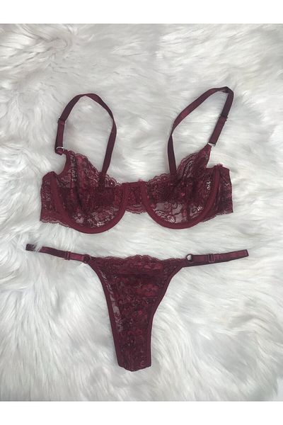 COLOR DE PIEL Set chiloți sutien elegant cu imprimeu floral visiniu pentru femei [tanga]