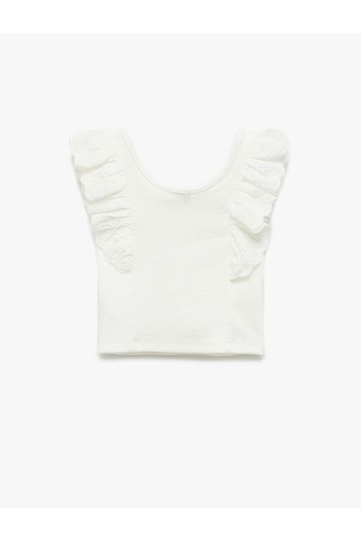 Koton Embroidered Round Neck Sleeveless Ruffled Crop Tank Top
