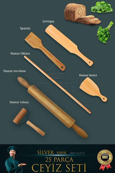 MONTESEV 25 Pieces Wooden Tree Wooden Spoon Rolling Pin Roller Kitchen Knife Silver Series Dowry Set Çyzst1