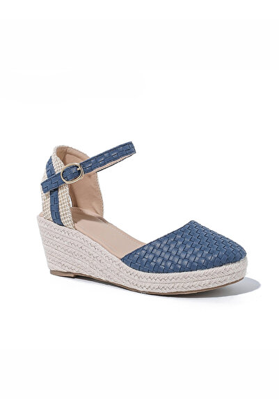 ETG صندل إسبادريل نسائي أنيق بكعب عريض ومغلق من الأمام وحزام كاحل وكعب إسفيني مضفر