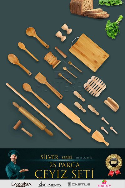 MONTESEV 25 Pieces Wooden Tree Wooden Spoon Rolling Pin Roller Kitchen Knife Silver Series Dowry Set Çyzst1