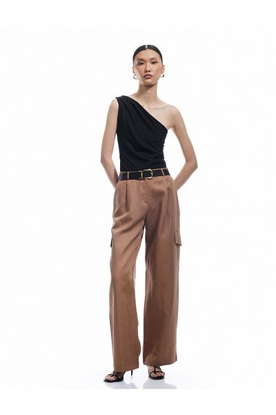 Koton Regular Waist Cargo Pocket Long Straight Loose Wide Leg Satin Trousers