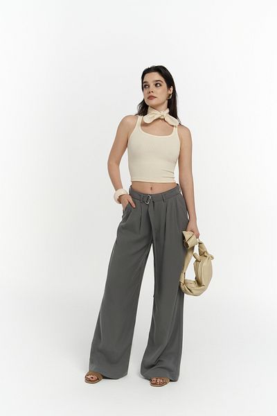 MAİ COLLECTİON Paros Belt Detail Gray Palazzo Trousers