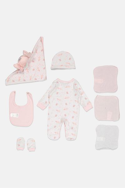 Rock A Bye Baby Boutique Toddlers Girl 8 Pieces Floral Bodysuit And Pants Hanging Gift Set, Pink/white