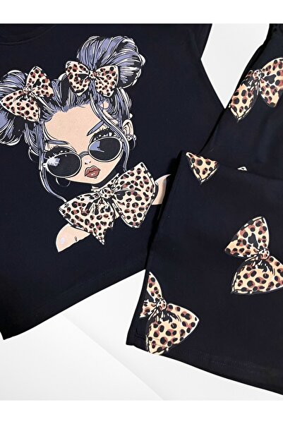 Pijamakids Κοριτσίστικη φόρμα από 100% βαμβάκι, μαύρη, υπέροχη κοριτσίστικη και λεοπάρ φιόγκο με κοντό μανίκι, φαρδύ πόδι, εποχική φόρμα