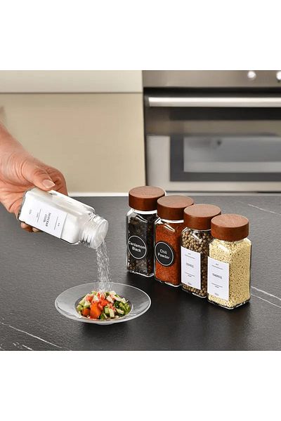 emdeco Set of 12 Square Minimal Acacia Lid Glass Spice Shakers 120ml with Label Gift