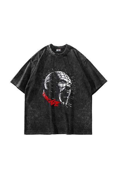 Bak Moda Esape Printed Oversize Unisex Πλενόμενο Μαύρο Tshirt