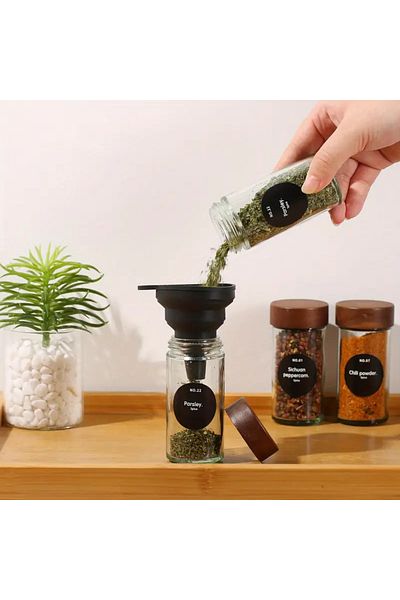 emdeco Set of 12 Round Minimal Acacia Lid Glass Spice Racks 120ml Turkish Label Gift