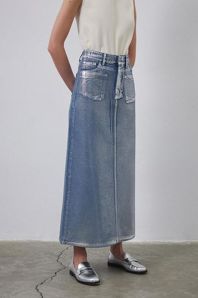 KB STUDIO Set de fuste și creion din denim cu imprimeu strălucitor - argintiu