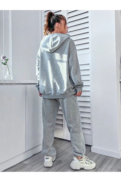 DUBU BUTİK Σετ φόρμας Happiness Φούτερ Jogger - Γκρι εμπριμέ Oversize Hooded