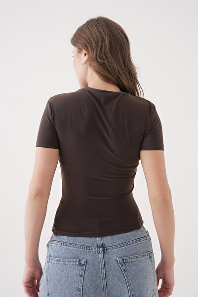 lovebox Καφέ Basic Μπλούζα - Ελαστικό ύφασμα, Σχέδιο Gather, Κοντό μανίκι 12244