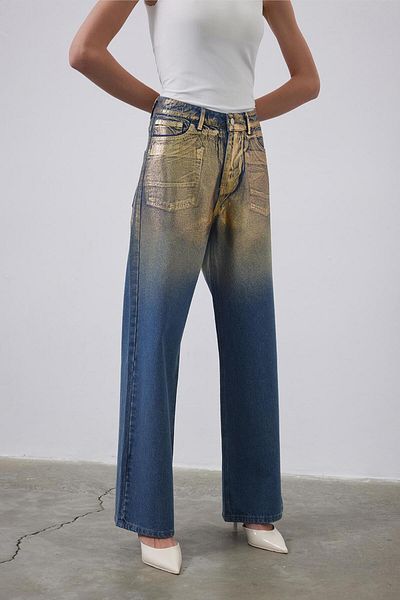 KADRİYE BAŞTÜRK Pantaloni Palazzo din denim cu imprimeu strălucitor, detalii aurii