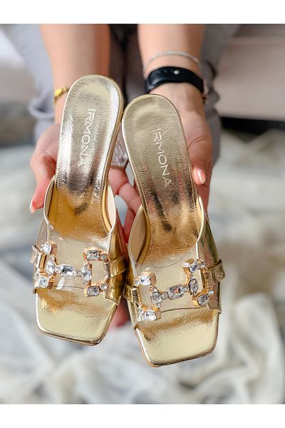 BERFONA Berfi Gold Metal Stone 7 cm Heel Slippers