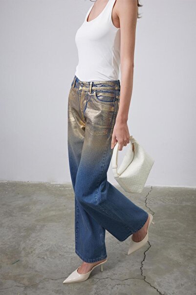 KADRİYE BAŞTÜRK Palazzo Denim Pants with Shiny Print Pattern, Gold Accents